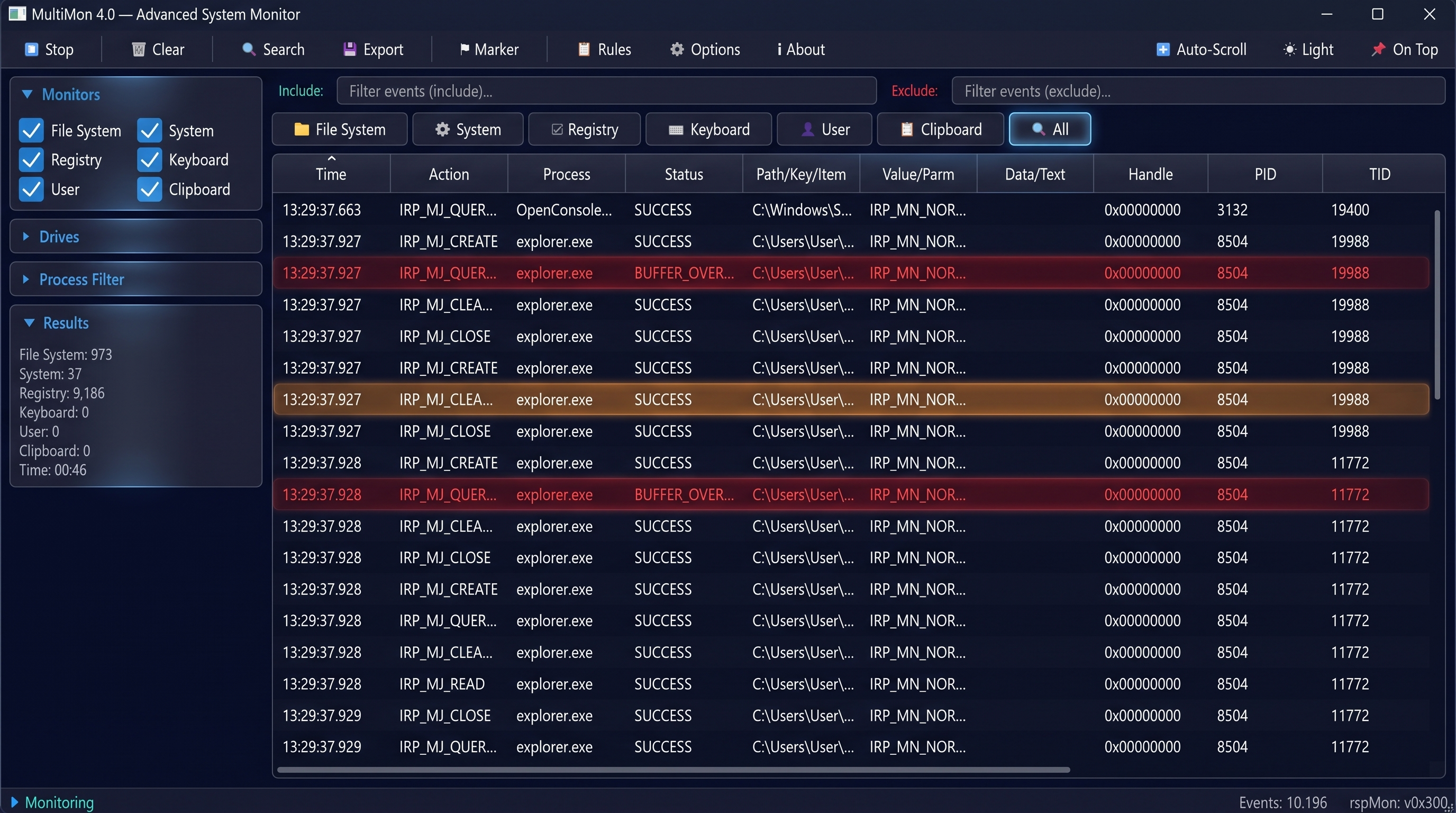 All tab — every monitor combined in one stream
